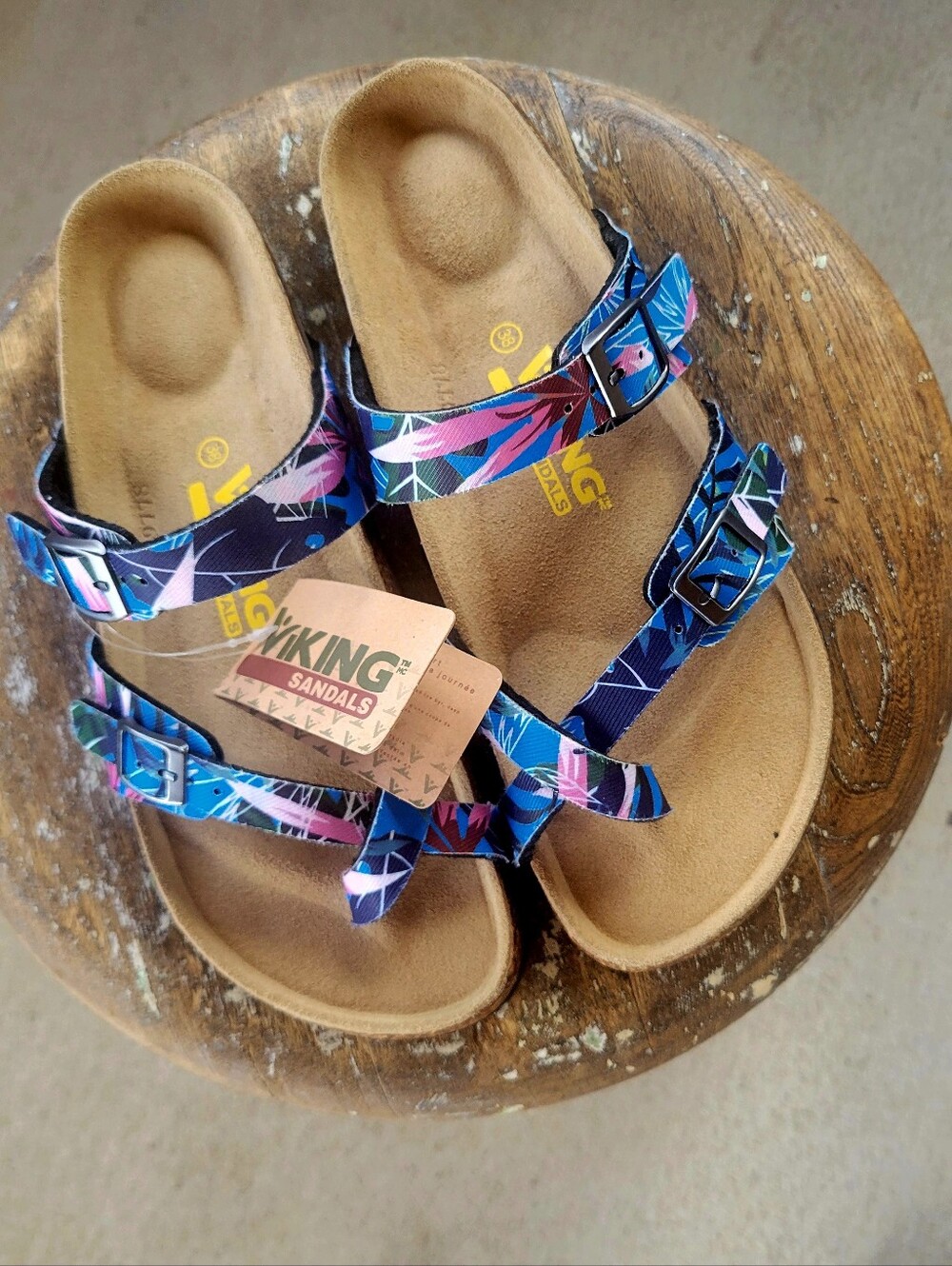 NWT. Viking Sandals Blue & Pink Strappy Cork-Style Footbed Sandals.
